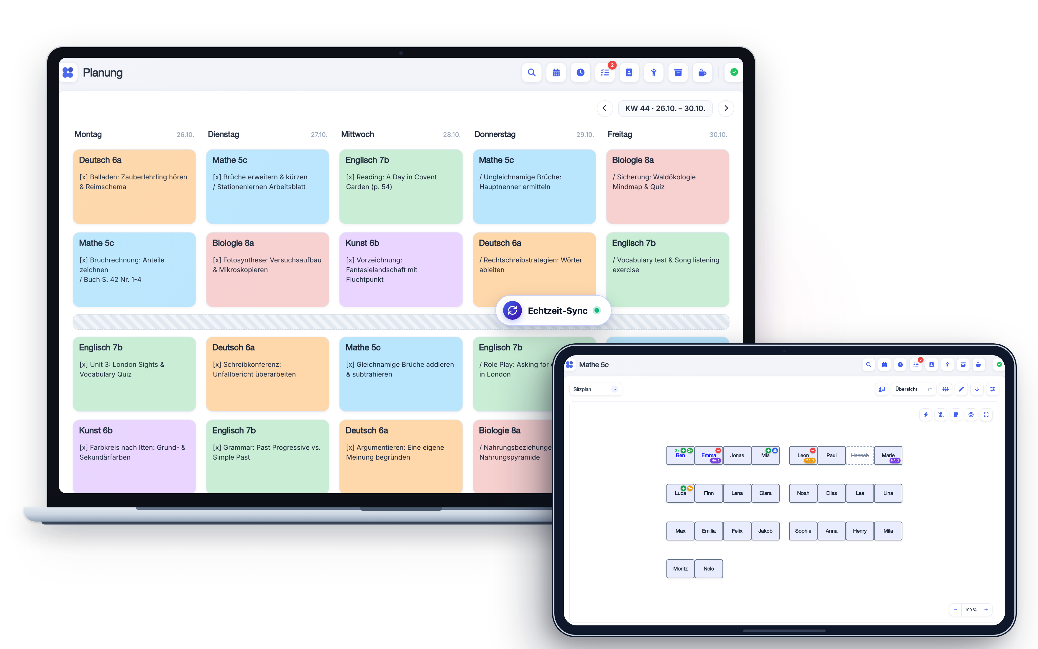 Klassennavi auf MacBook und iPad synchron: Wochenplanung am Laptop und interaktiver Sitzplan auf dem Tablet