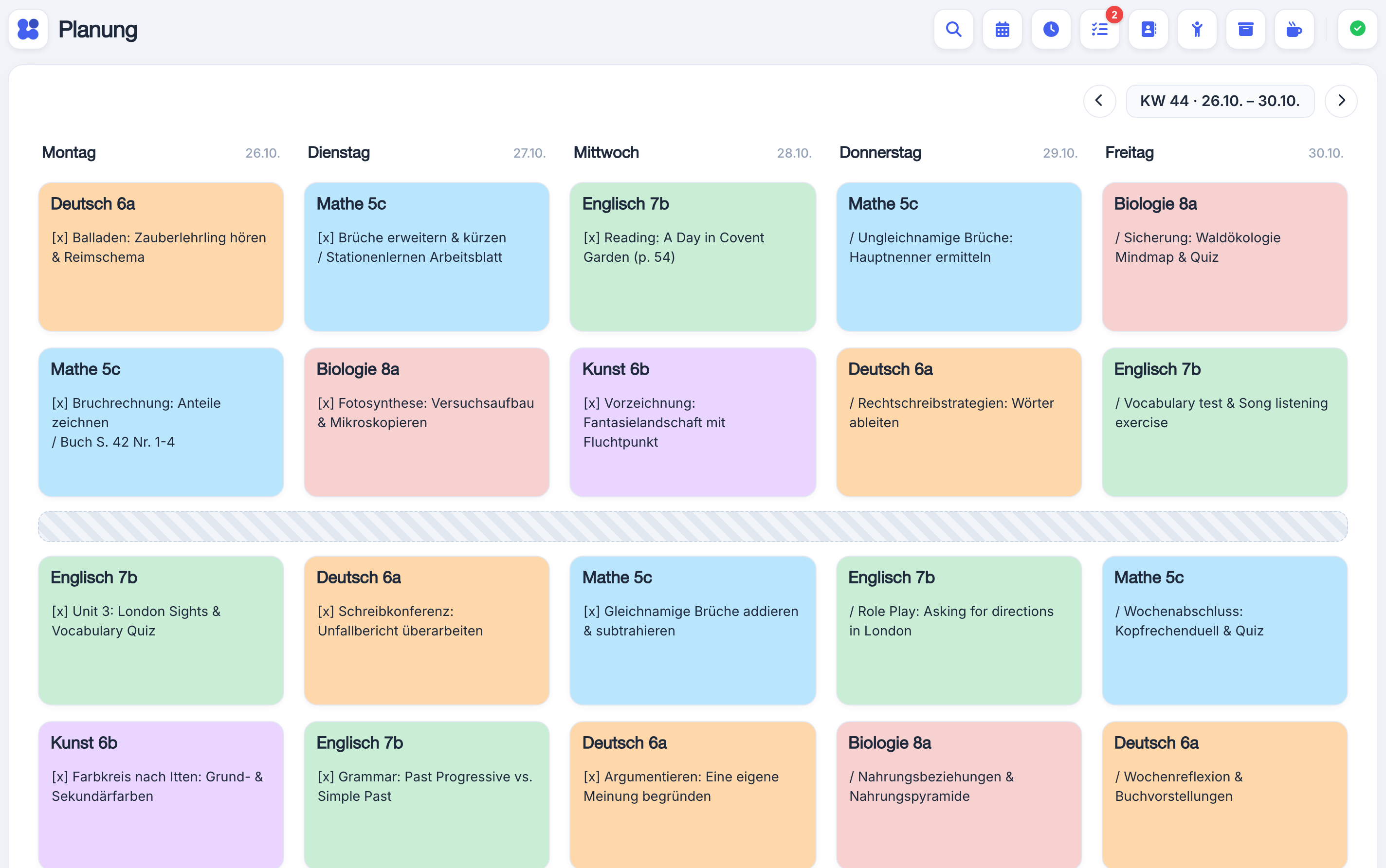 Woche planen: Interaktives Wochen-Planungsboard mit Klassenfilter, Pausen und Stundenschieben