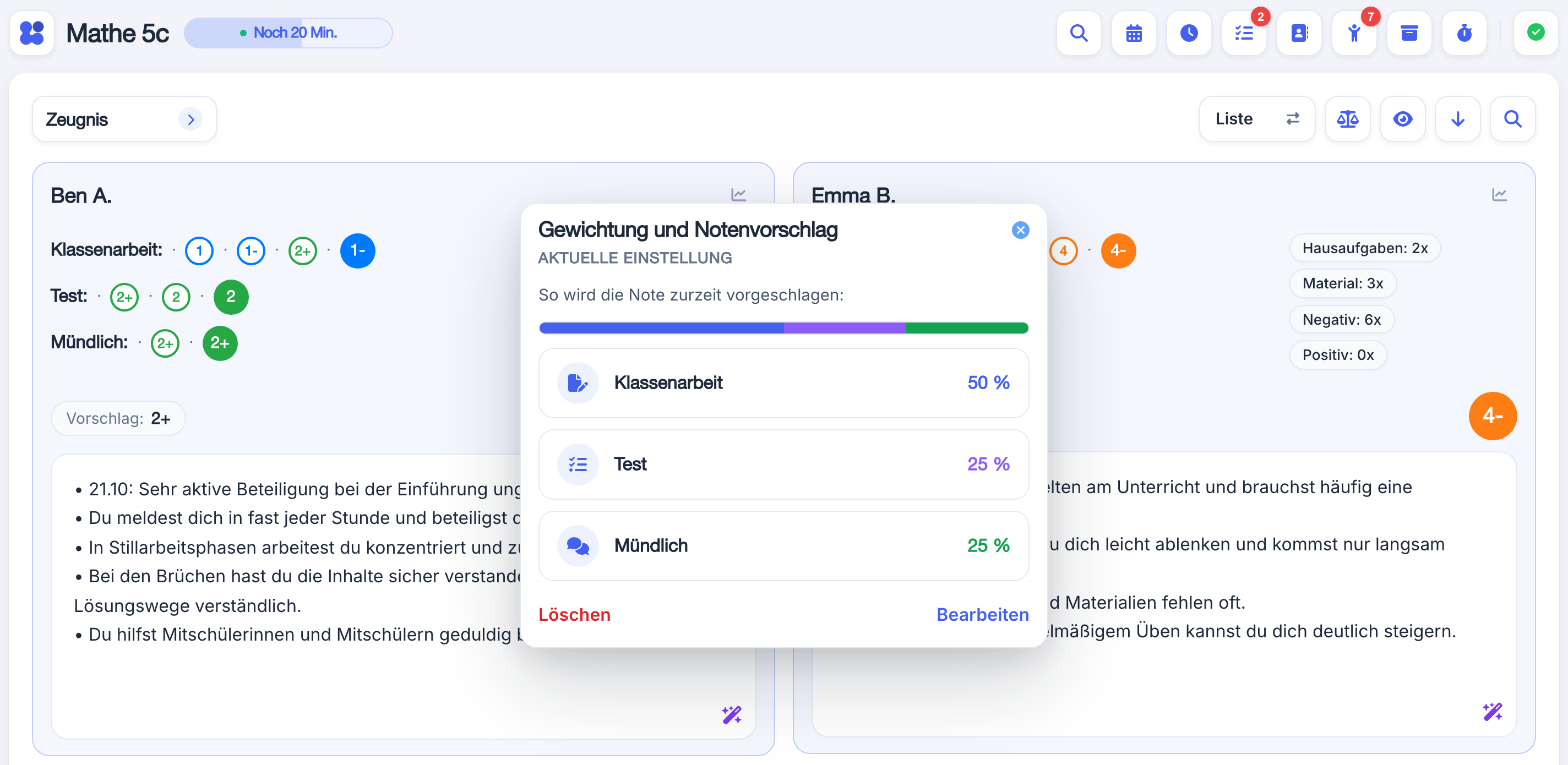 Gewichtung und Notenvorschlag: Prozentuale Anteile für Kategorien flexibel festlegen