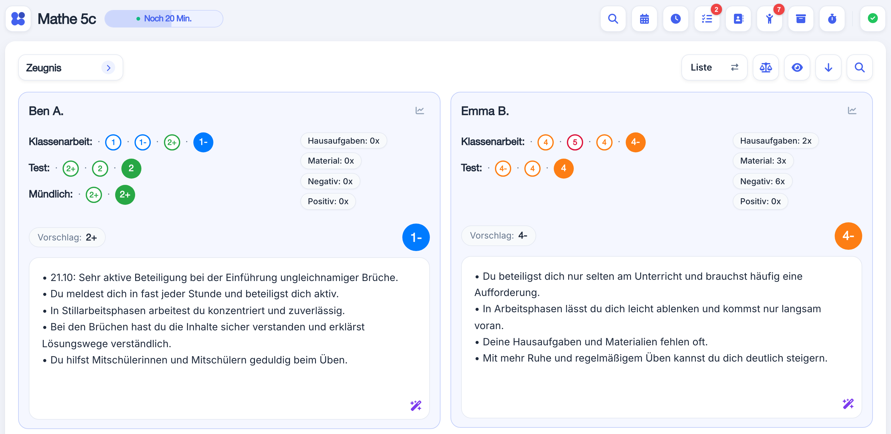 Zeugniskarten mit Notenvorschlag, Noten, Begründung und Endnote